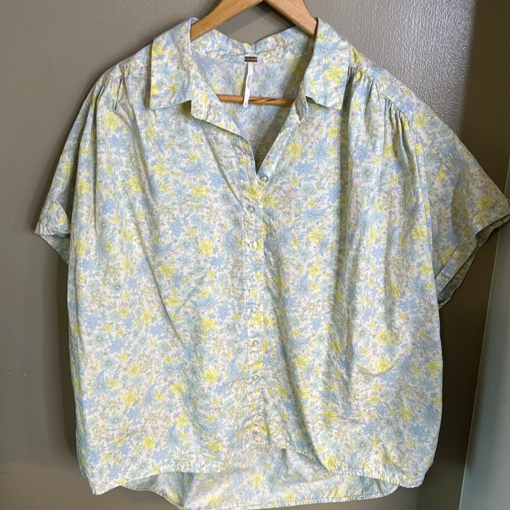 Free People Floral Button Down Shirt - Blue and Yellow